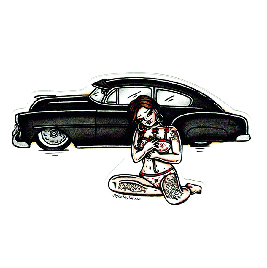 American traditional tattoo Chevy Fleetline Pinup  watercolor Sticker.