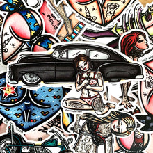Load image into Gallery viewer, American traditional tattoo flash illustration Chevy Fleetline pinup watercolor stickers surprise pack.
