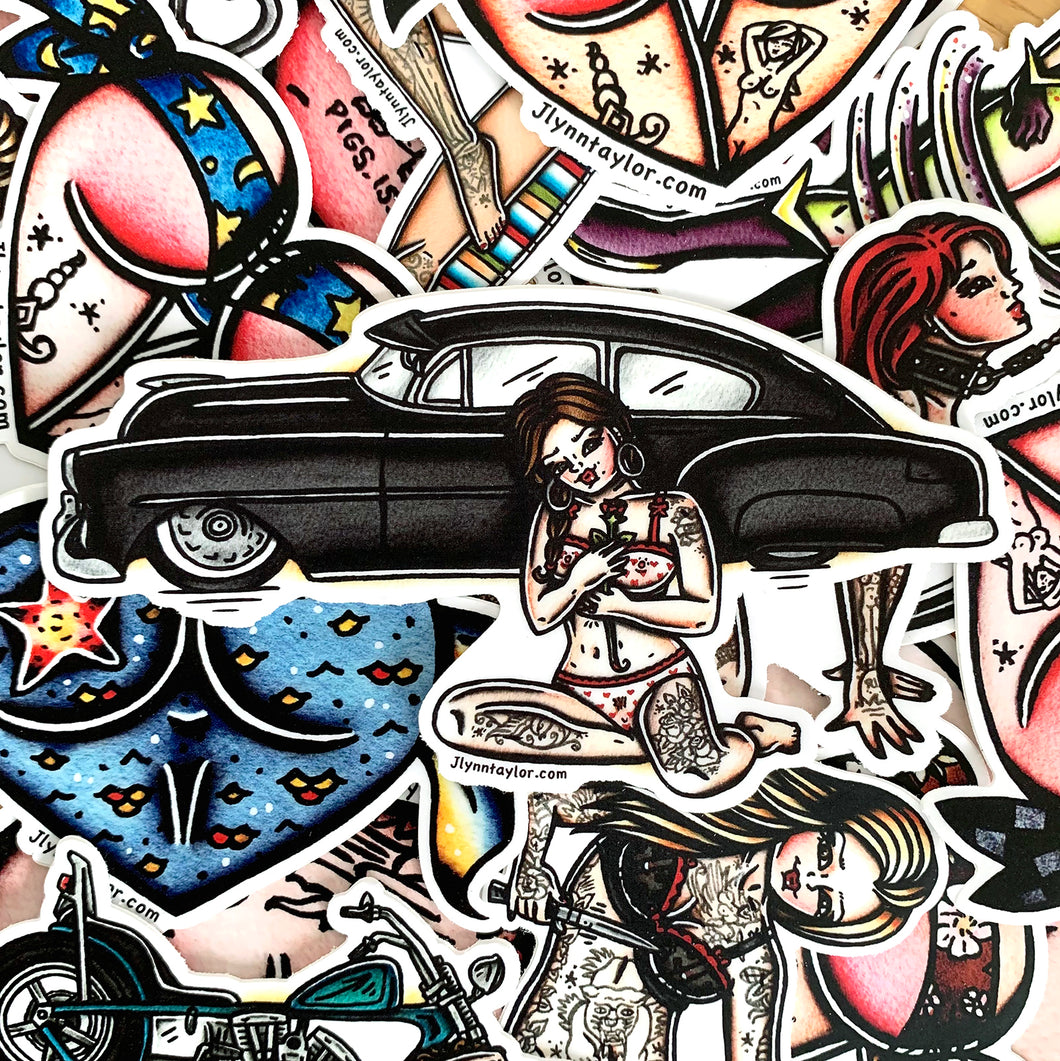 American traditional tattoo flash illustration Chevy Fleetline pinup watercolor stickers surprise pack.