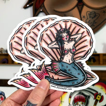 Load image into Gallery viewer, American Traditional tattoo flash illustration Clamshell Mermaid pinup watercolor sticker.
