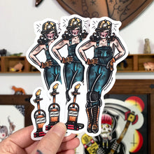 Load image into Gallery viewer, American traditional tattoo flash West Virginia Coal Miner and Canary Pinup watercolor sticker.
