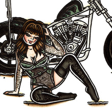 Load image into Gallery viewer, American traditional tattoo flash illustration Harley Davidson Cone Shovelhead Chopper Pinup watercolor painting.
