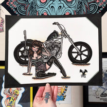 Load image into Gallery viewer, American traditional tattoo flash illustration Harley Davidson Cone Shovelhead Chopper Pinup watercolor painting.
