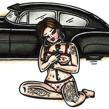 Load image into Gallery viewer, American traditional tattoo flash illustration 1952 Chevrolet Fleetline Pinup watercolor painting.

