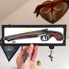 Load image into Gallery viewer, American traditional tattoo flash Double Barrel Shotgun watercolor painting.
