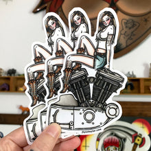 Load image into Gallery viewer, American Traditional tattoo flash illustration Harley Motorcycle Evolution Sport Engine Pinup watercolor sticker.

