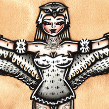 Load image into Gallery viewer, American traditional tattoo flash illustration The Sorceress of Castle Grayskull Falcon Pinup watercolor painting.
