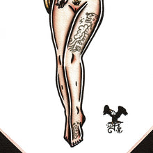 Load image into Gallery viewer, American traditional tattoo flash illustration nude tattooed pinup watercolor painting.
