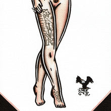 Load image into Gallery viewer, American traditional tattoo flash illustration nude tattooed pinup watercolor painting.
