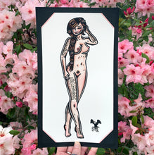 Load image into Gallery viewer, American traditional tattoo flash illustration nude tattooed pinup watercolor painting.
