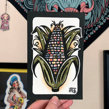 Load image into Gallery viewer, American traditional tattoo flash illustration Glass Gem Corn watercolor painting.
