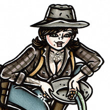 Load image into Gallery viewer, American traditional tattoo flash illustration Gold Miner Panner Pinup painting.
