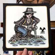 Load image into Gallery viewer, American traditional tattoo flash illustration Gold Miner Panner Pinup painting.
