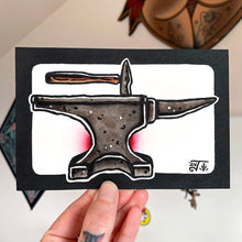 Load image into Gallery viewer, American traditional tattoo flash illustration Hammer and Anvil watercolor painting..
