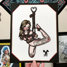 Load image into Gallery viewer, American traditional tattoo flash illustration Heart Shibari Bondage Pinup watercolor painting.
