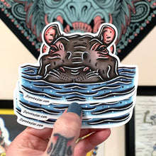 Load image into Gallery viewer, American traditional tattoo flash wildlife illustration Hippopotamus watercolor sticker. 
