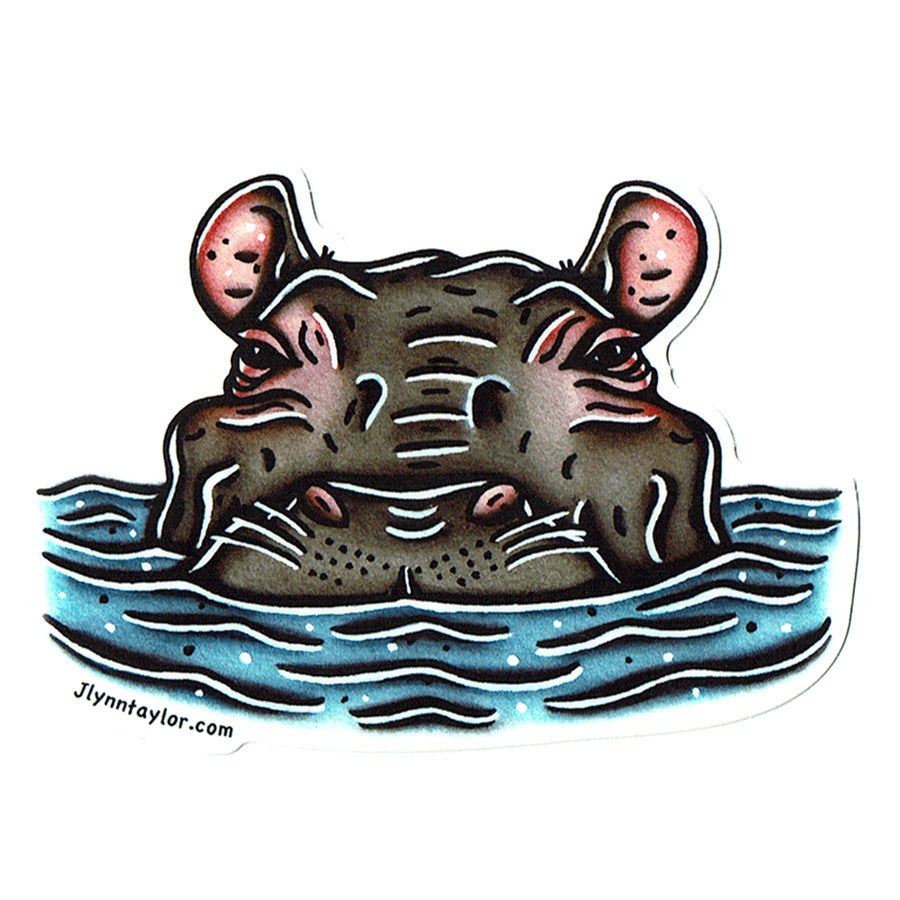 American traditional tattoo flash wildlife illustration Hippopotamus watercolor sticker. 