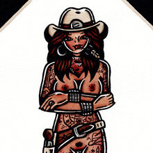 Load image into Gallery viewer, Holster Western Cowgirl Pinup watercolor painting.
