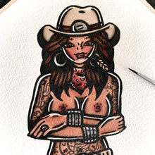 Load image into Gallery viewer, Holster Western Cowgirl Pinup watercolor painting.
