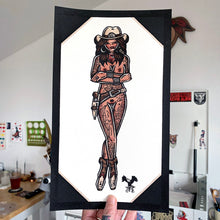 Load image into Gallery viewer, Holster Western Cowgirl Pinup watercolor painting.
