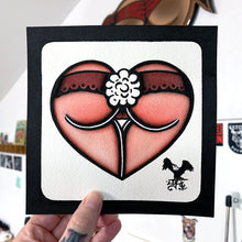 Load image into Gallery viewer, American traditional tattoo flash cottontail Bunny Rabbit Booty Butt Heart watercolor painting.
