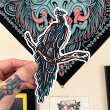 Load image into Gallery viewer, American traditional tattoo flash wildlife illustration Indian Peafowl Peacock watercolor sticker.

