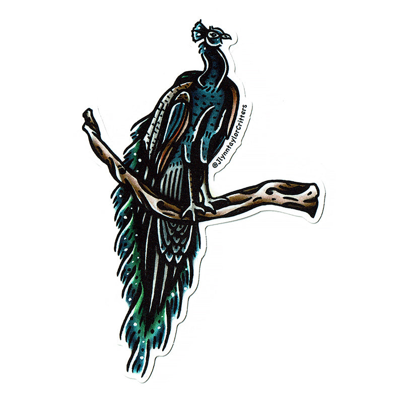 American traditional tattoo flash wildlife illustration Indian Peafowl Peacock watercolor sticker.