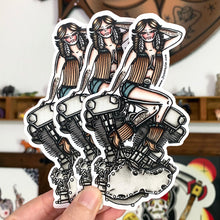 Load image into Gallery viewer, American Traditional tattoo flash illustration Knucklehead Engine Pinup watercolor sticker.
