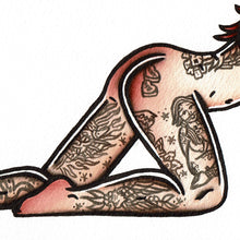 Load image into Gallery viewer, American traditional tattoo flash illustration Leather Leash Bondage Pinup watercolor painting.
