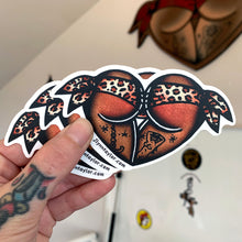 Load image into Gallery viewer, American traditional tattoo flash Leopard Print Scrunch Butt Booty Heart watercolor sticker.
