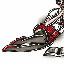 Load image into Gallery viewer, American traditional tattoo flash illustration sexy Librarian Pinup watercolor painting.
