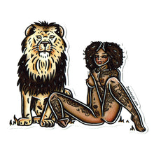 Load image into Gallery viewer, American traditional tattoo flash illustration Lion Pinup Watercolor sticker.
