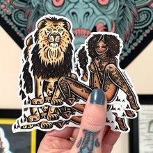 Load image into Gallery viewer, American traditional tattoo flash illustration Lion Pinup Watercolor sticker.

