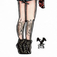 Load image into Gallery viewer, American traditional tattoo flash Auto Mechanic Pinup watercolor painting.
