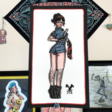 Load image into Gallery viewer, American traditional tattoo flash Auto Mechanic Pinup watercolor painting.
