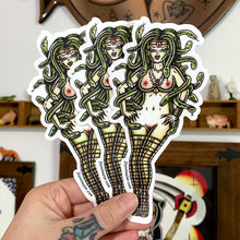 Load image into Gallery viewer, American traditional tattoo flash illustration Medusa Pinup watercolor stickers.
