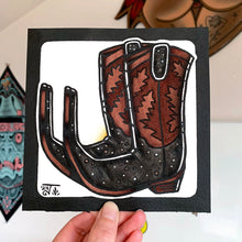 Load image into Gallery viewer, American traditional tattoo flash illustration Mexican Pointy Boots watercolor painting.
