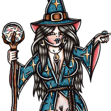 Load image into Gallery viewer, American Traditional tattoo flash illustration Naughty Nude Wizard Pinup painting.
