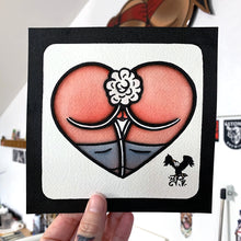 Load image into Gallery viewer, American traditional tattoo flash Nude cottontail Bunny Booty Butt Heart watercolor painting.
