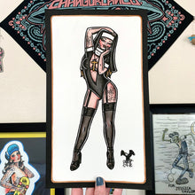 Load image into Gallery viewer, American traditional tattoo flash Nun Pinup watercolor painting.
