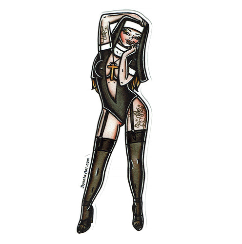 American traditional tattoo flash Naughty Nun Pinup watercolor sticker.