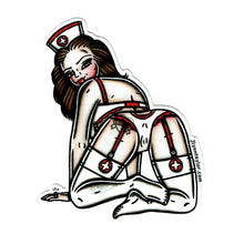 Load image into Gallery viewer, American traditional tattoo flash illustration Naughty Nurse Pinup watercolor sticker.
