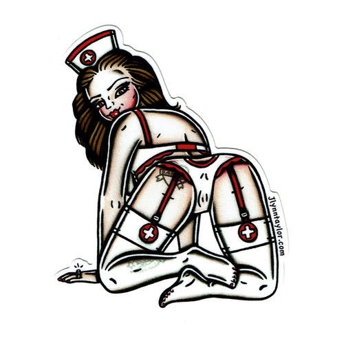 American traditional tattoo flash illustration Naughty Nurse Pinup watercolor sticker.