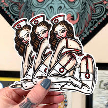 Load image into Gallery viewer, American traditional tattoo flash illustration Naughty Nurse Pinup watercolor sticker.
