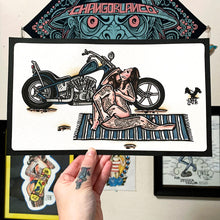 Load image into Gallery viewer, American traditional tattoo flash Chopper Love Pan-Shovel watercolor painting.
