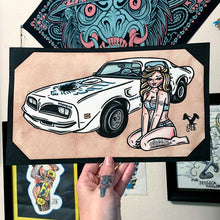 Load image into Gallery viewer, American traditional tattoo flash illustration Pontiac Firebird Trans Am watercolor Pinup Painting.
