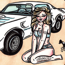 Load image into Gallery viewer, American traditional tattoo flash illustration Pontiac Firebird Trans Am watercolor Pinup Painting.
