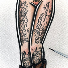 Load image into Gallery viewer, American traditional tattoo flash Rattlesnake Western Cowgirl Pinup Watercolor painting.
