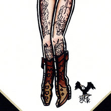 Load image into Gallery viewer, American traditional tattoo flash Rattlesnake Western Cowgirl Pinup Watercolor painting.
