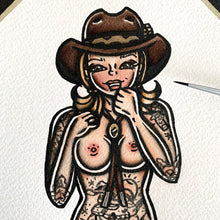 Load image into Gallery viewer, American traditional tattoo flash Rattlesnake Western Cowgirl Pinup Watercolor painting.
